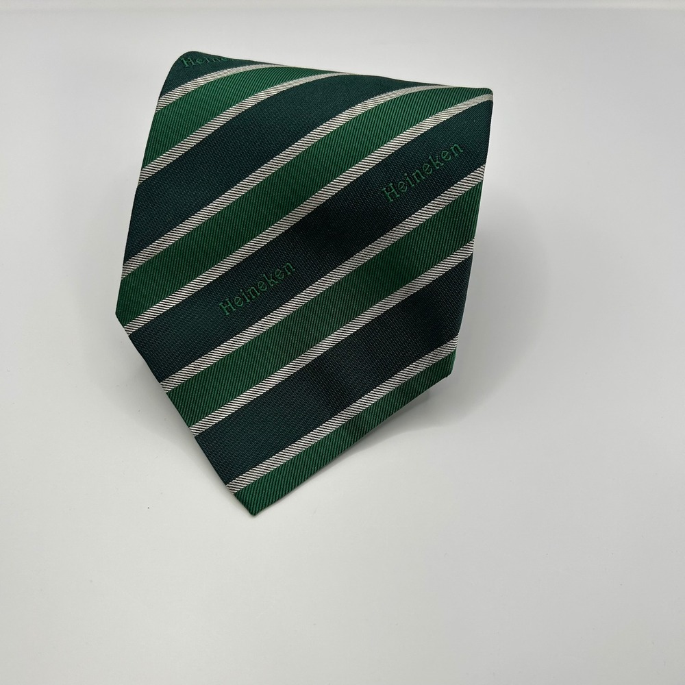 Heineken Mens Silk Necktie Green Navy White Striped Logo Beer Promotional Tie